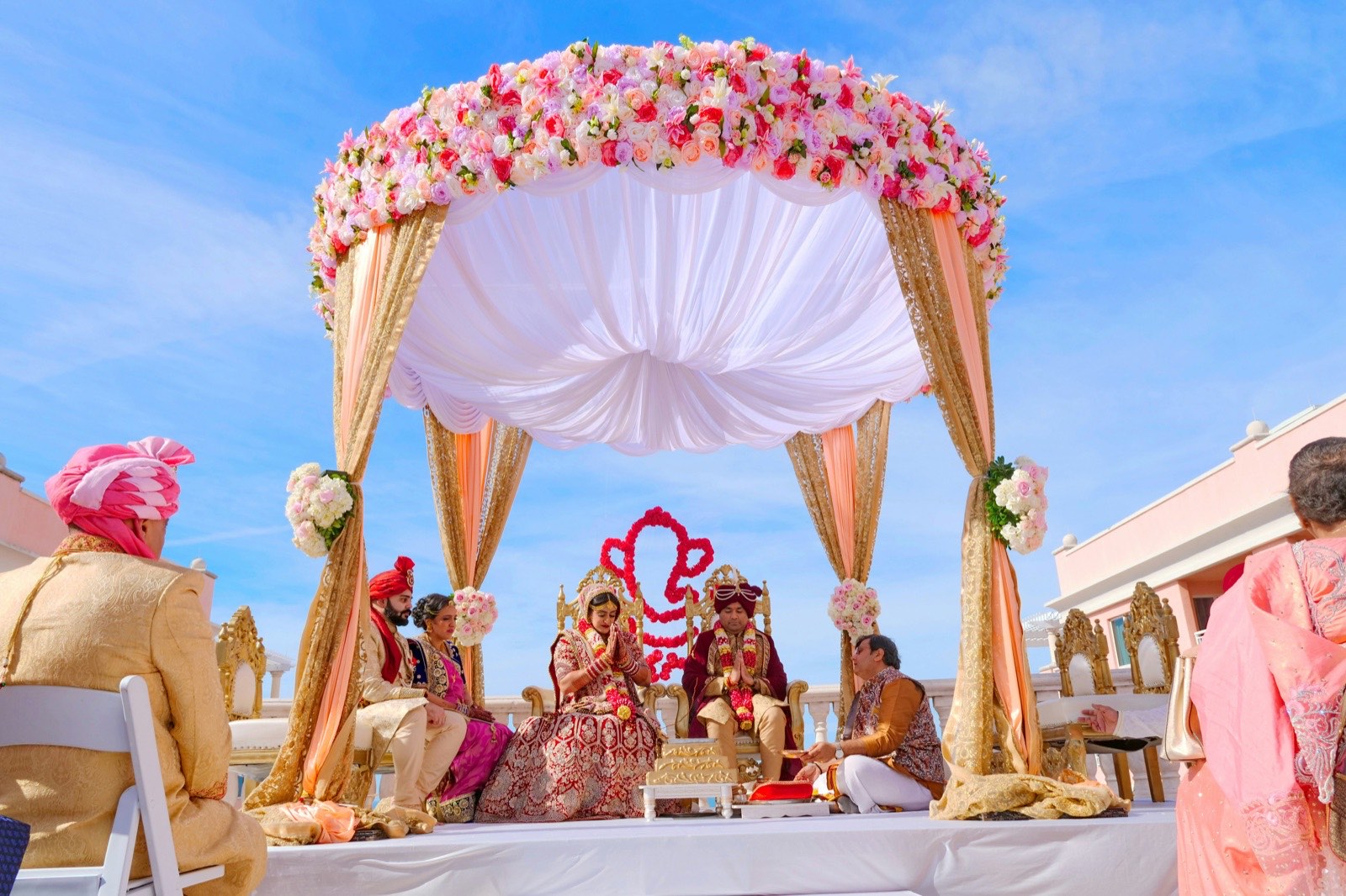 A floral wedding mandap canopy set for the ceremony