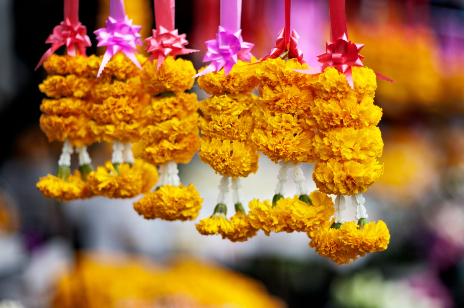 Strings of orange and yellow marigold garlands hanging overhead